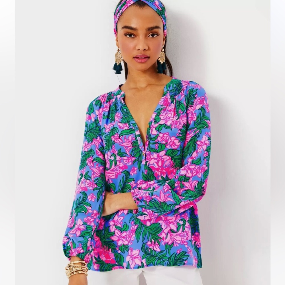 Lilly Pulitzer $178 Elsa Silk Top, Cerise Pink Safari Sunset, Size S - NWT!
